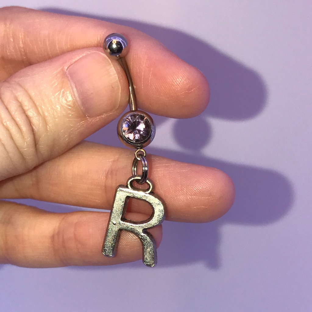 Lavender Gem Letter R Dangle Belly Ring 15$